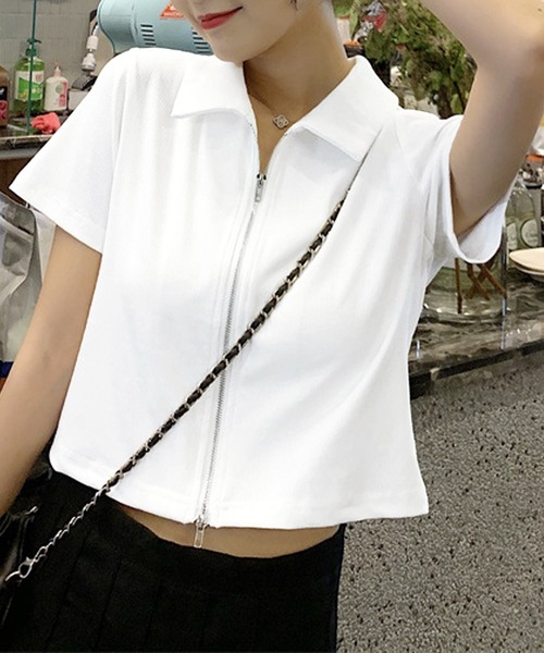 Amulet(アミュレット)の「ダブルジップ半袖トップス(Tシャツ/カットソー・レディース・ホワイト/ブラック/グレー・M/L)」の5枚目の写真