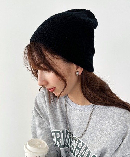 un+frame（アンフレーム）の「simple knit beanie／リブ編みカジュアルニットビーニー（ニットキャップ/ビーニー・レディース・ブルー/オレンジ/アイボリー/レッド/ブラウン/カーキ/ブラック/チャコールグレー・FREE）」の3枚目の写真