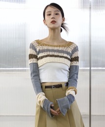 ユニークパンチング配色スクエアクロップドボレロニットトップ