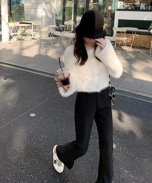 by muni:r（バイ ムニール）の「リボンアンゴラ風ニットカーディガン（ニット/セーター・レディース・アイボリー/ブラック/グレー/ピンク・FREE）」の8枚目の写真