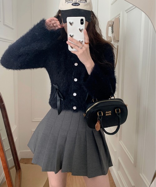 by muni:r（バイ ムニール）の「リボンアンゴラ風ニットカーディガン（ニット/セーター・レディース・アイボリー/ブラック/グレー/ピンク・FREE）」の20枚目の写真