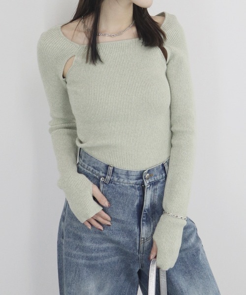 Reurie'(レウリィ)の「【ロングセラー/7色展開】スリットショルダーニット / ショルダーカット 肩開き オープンショルダー メランジニット チャコールグレー グレー ベージュ ピンク ミント ブルー ブラウン ネイビー プルオーバー スクエアネック 大人カジュアル きれいめ シンプル リブ オフィスカジュアル(ニット/セーター・レディース・ライトグレー/ベージュ/チャコールグレー/ピンク/ブラウン/ネイビー/ミント・FREE)」の5枚目の写真