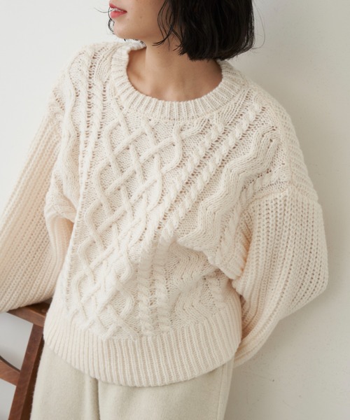 HERMÈS アイボリー ケーブル編み セーター S EDIT Gris（エディットグリ）の「ケーブル編みニットプルオーバー
