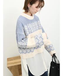 Samansa Mos2 blue | ジャカードケーブルニットプルオーバー(ニット/セーター)