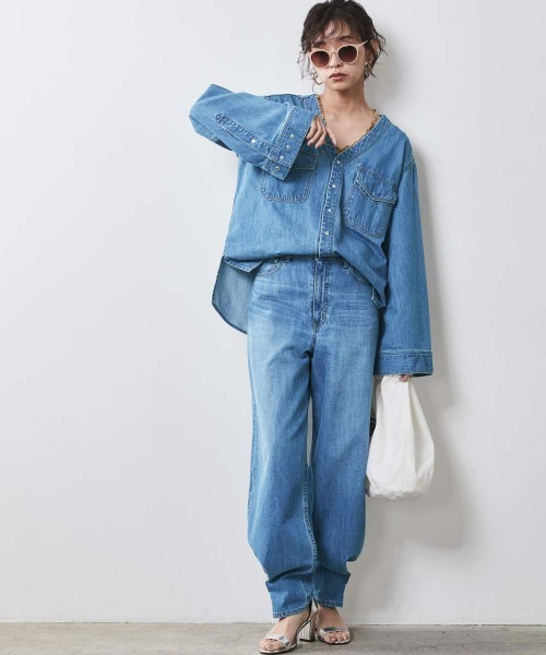 CHIC STYLE(シックスタイル)の「<大きいサイズ>綿100%ライトオンスデニム裾デザインワイドストレートパンツ シックスタイル(デニムパンツ・レディース・ブルー系/ネイビー系・96/98/106/114/122/80/84/88/92)」の19枚目の写真