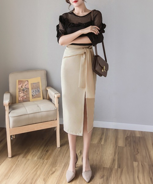 Miniministore(ミニミニストア)の「タイトスカート 膝丈 ウエストリボン韓国(スカート・レディース・ブラック/ベージュ・S/XXL/M/L/XL)」の11枚目の写真