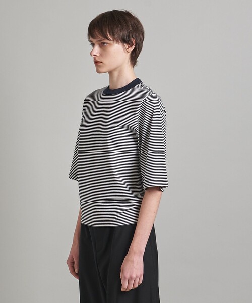 LOEFF（ロエフ）の「＜LOEFF＞スビンコットン ボーダー 5分袖クルーネックTシャツ（Tシャツ/カットソー・レディース・オフホワイト/グレー・FREE）」の4枚目の写真