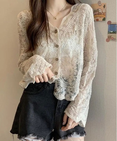 ammy.（エイミードット）の「【 ammy. / エイミードット 】 透かし編み 刺繍 レース カーディガン（カーディガン/ボレロ・レディース・ベージュ/ホワイト・FREE）」の7枚目の写真