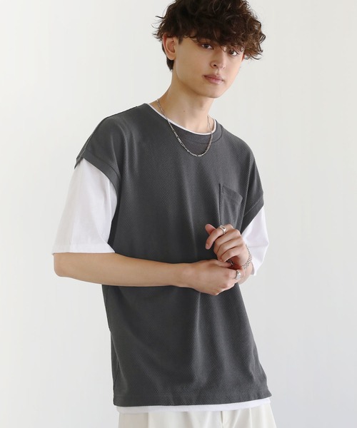 ASTRONOMY（アストロノミー）の「Buyer's Select/パイナップルニットフェイクレイヤードベスト半袖Tシャツ（Tシャツ/カットソー・メンズ・ライトグレー系/スミクロ/サックスブルー・LL/L/M）」の14枚目の写真