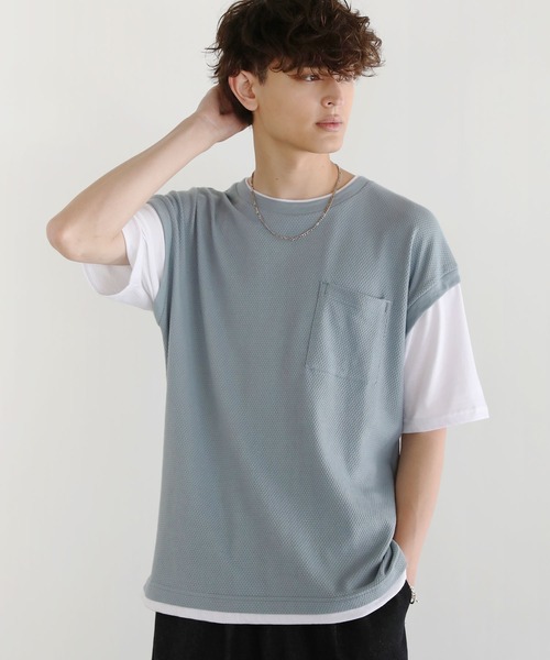 ASTRONOMY（アストロノミー）の「Buyer's Select/パイナップルニットフェイクレイヤードベスト半袖Tシャツ（Tシャツ/カットソー・メンズ・ライトグレー系/スミクロ/サックスブルー・LL/L/M）」の22枚目の写真