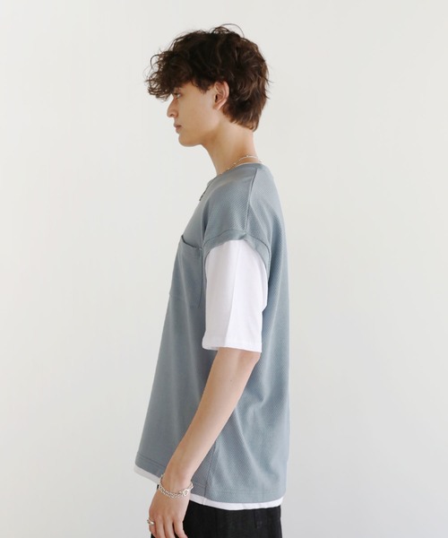 ASTRONOMY（アストロノミー）の「Buyer's Select/パイナップルニットフェイクレイヤードベスト半袖Tシャツ（Tシャツ/カットソー・メンズ・ライトグレー系/スミクロ/サックスブルー・LL/L/M）」の7枚目の写真