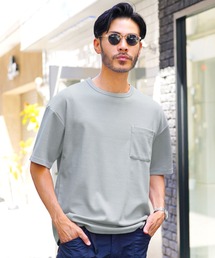 楊柳ジャガードポケット付きクルーネック半袖Tシャツカットソー