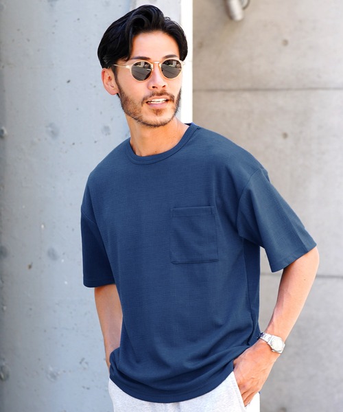jiggys shop(ジギーズショップ)の「楊柳ジャガードポケット付きクルーネック半袖Tシャツカットソー(Tシャツ/カットソー・メンズ・ネイビー/ブラック/グレー系その他・MEDIUM/LARGE/X-LARGE)」の1枚目の写真