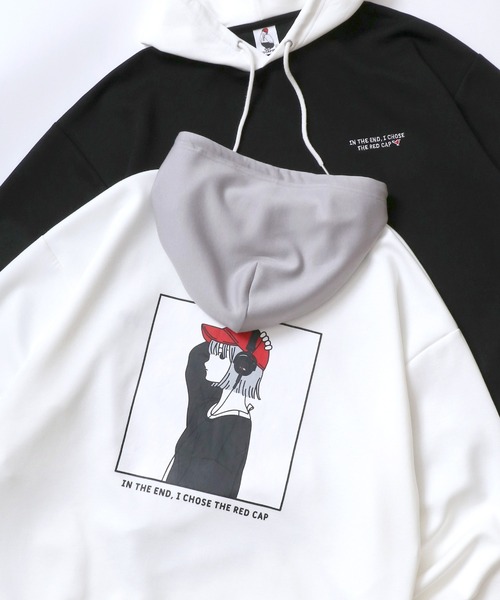 Red Cap Girl（レッドキャプガール）の「Red Cap Girl/レッドキャップガール オーバーサイズ ダンボールニット バックプリント ロゴ ワンポイント刺繍 スウェット パーカー/レディース メンズ（パーカー・レディース・ホワイト/グレー/ブルー/ブラック・M/L）」の2枚目の写真