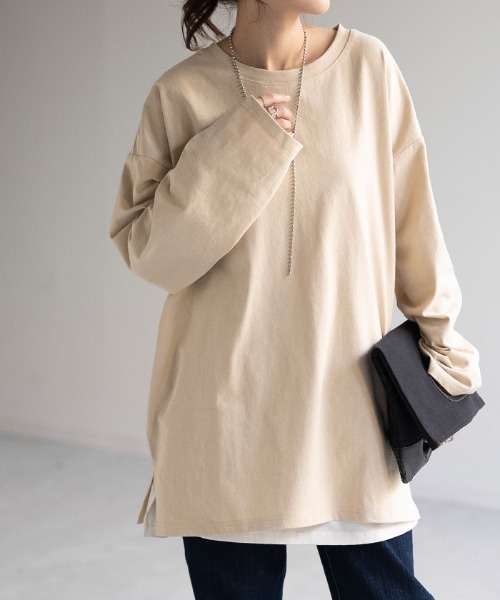 HUG.U（ハグユー）の「綿100% ロンT（Tシャツ/カットソー・レディース・ダークグレー/ベージュ/ホワイト/ライム/コーラルピンク/ブラック/カーキ/グレー/グレイッシュブルー・FREE）」の6枚目の写真