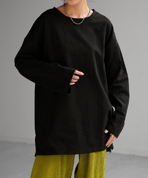 HUG.U（ハグユー）の「綿100% ロンT（Tシャツ/カットソー・レディース・ダークグレー/ベージュ/ホワイト/ライム/コーラルピンク/ブラック/カーキ/グレー/グレイッシュブルー・FREE）」の3枚目の写真