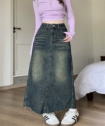 裾カットロングデニムスカート