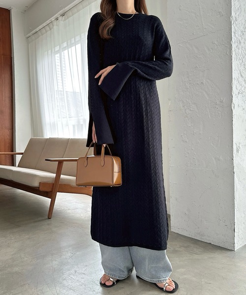 ワンピース KME セール】バックオープン透かし編みロングニットワンピース（ワンピース