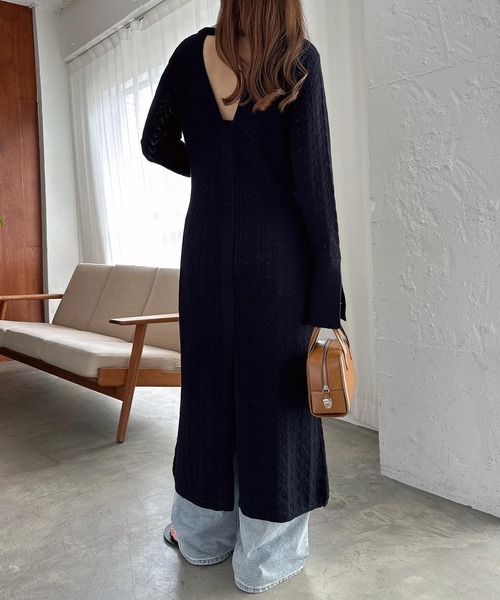 セール】バックオープン透かし編みロングニットワンピース（ワンピース