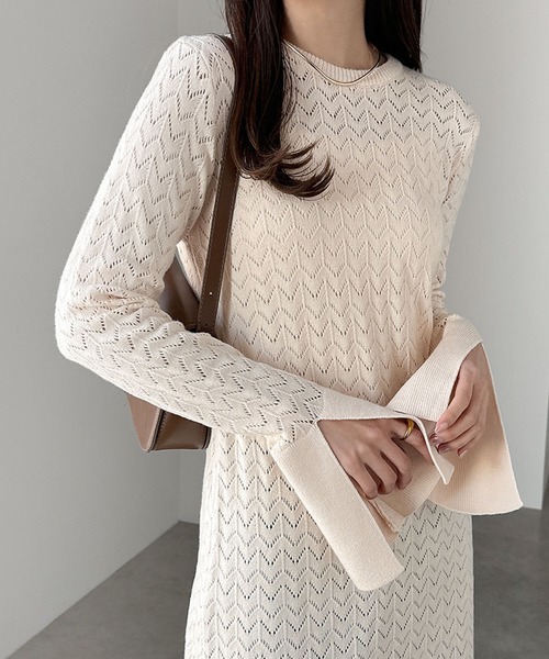 セール】バックオープン透かし編みロングニットワンピース（ワンピース