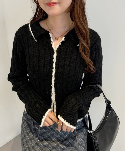 one after another NICE CLAUP（ワンアフターアナザーナイスクラップ）の「【OTONANICE】襟付き配色ニットカーディガン（カーディガン/ボレロ・レディース・アイボリー/ブラック/ベージュ・FREE）」の4枚目の写真