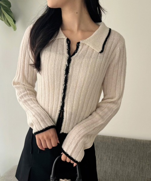 one after another NICE CLAUP（ワンアフターアナザーナイスクラップ）の「【OTONANICE】襟付き配色ニットカーディガン（カーディガン/ボレロ・レディース・アイボリー/ブラック/ベージュ・FREE）」の9枚目の写真