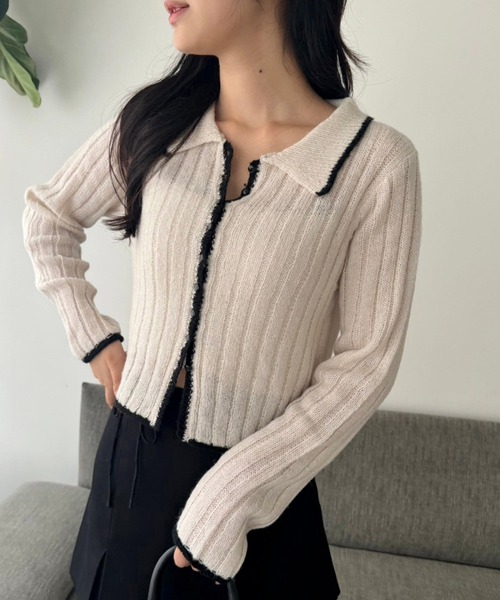 one after another NICE CLAUP（ワンアフターアナザーナイスクラップ）の「【OTONANICE】襟付き配色ニットカーディガン（カーディガン/ボレロ・レディース・アイボリー/ブラック/ベージュ・FREE）」の10枚目の写真