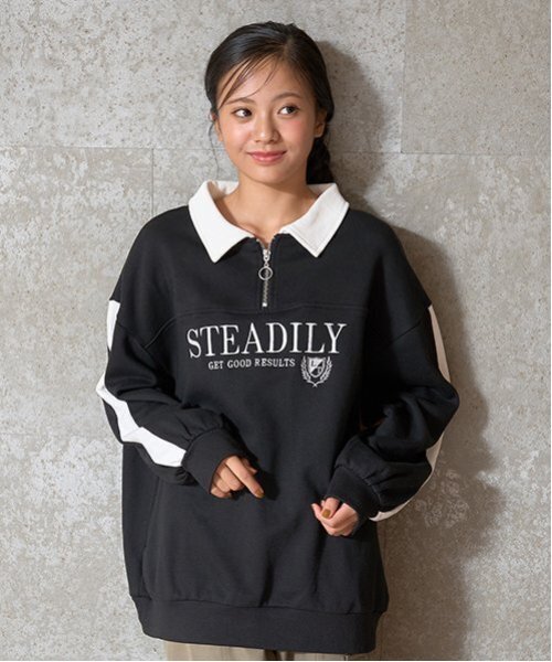 LOVETOXIC(ラブトキシック)の「【LTXC】【吸水速乾/さらさら】ハーフジップルーズトレーナー(スウェット・キッズ・ベージュ/ブラック/オフホワイト/トップグレー・S/M/L)」の3枚目の写真