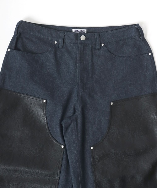 Salong hameu(サロン ハミュー)の「デニム×フェイクレザーダブルニーワイドパンツ メンズ レディース(デニムパンツ・メンズ・ブラック/ライトブラウン/ネイビー・M/L)」の8枚目の写真