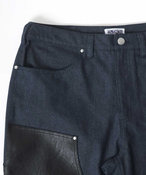 Salong hameu(サロン ハミュー)の「デニム×フェイクレザーダブルニーワイドパンツ メンズ レディース(デニムパンツ・メンズ・ブラック/ライトブラウン/ネイビー・M/L)」の12枚目の写真