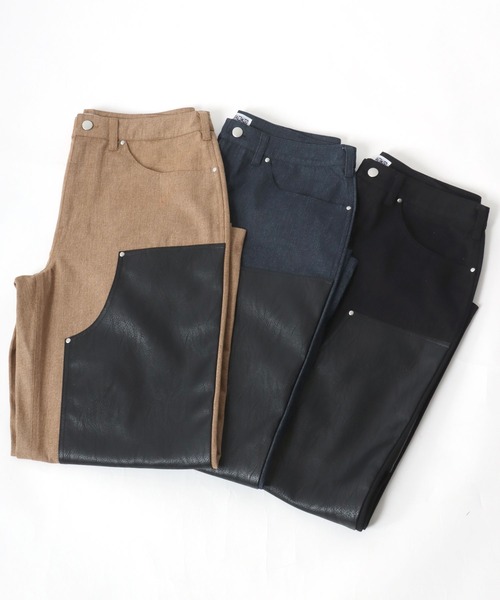 Salong hameu(サロン ハミュー)の「デニム×フェイクレザーダブルニーワイドパンツ メンズ レディース(デニムパンツ・メンズ・ブラック/ライトブラウン/ネイビー・M/L)」の22枚目の写真