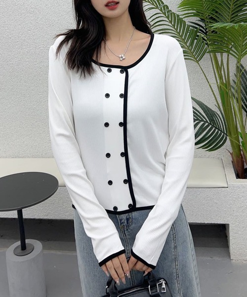 aimoha(アイモハ)の「バイカラーダブルブレストトップス(Tシャツ/カットソー・レディース・ホワイト/ブラック・FREE)」の5枚目の写真