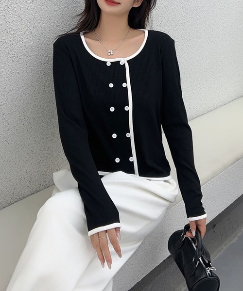 aimoha(アイモハ)の「バイカラーダブルブレストトップス(Tシャツ/カットソー・レディース・ホワイト/ブラック・FREE)」の8枚目の写真
