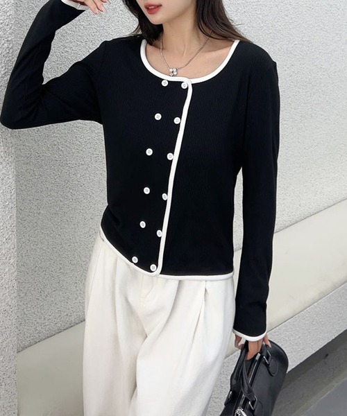 aimoha(アイモハ)の「バイカラーダブルブレストトップス(Tシャツ/カットソー・レディース・ホワイト/ブラック・FREE)」の9枚目の写真