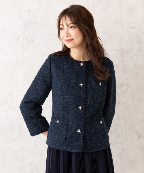 【新品タグ付き】Rose Tiara レース ノーカラージャケット ネイビー46 Rose Tiara / ローズティアラ （レディース） ノーカラー