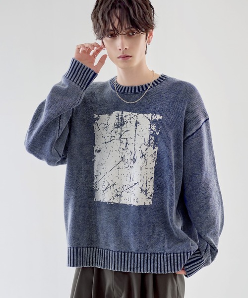 ETELIO（エテリオ）の「【25AW】ピグメント加工/箔プリント天竺編みクルーネックニット（ニット/セーター・メンズ・ブラック/ワイン/グレー/ブラック系/ブルー系/ブラウン/ワイン系/ブラウン系/ブルー/グレー系・M/L/S/XL）」の9枚目の写真