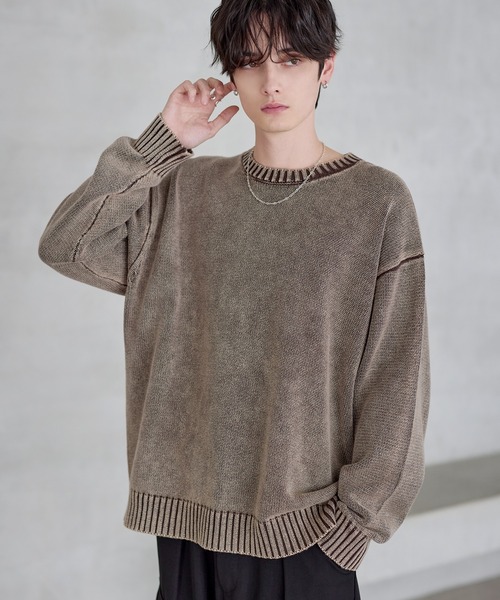 25AW】ピグメント加工/箔プリント天竺編みクルーネックニット