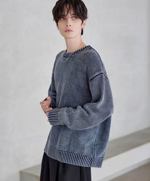 25AW】ピグメント加工/箔プリント天竺編みクルーネックニット