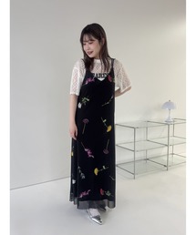 プリントチュールダブルストラップワンピース