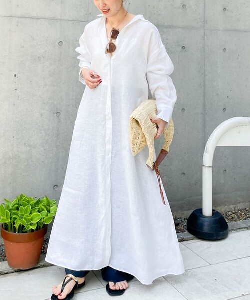 美品✨plantation リネン シャツコート 羽織 ワンピース ホワイト 2 美品✨plantation リネン シャツコート 羽織 ワンピース