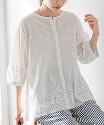 ３Ｄ刺繍布帛×カット切替７分袖ブラウス