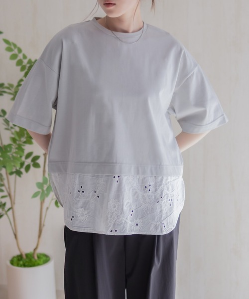 HusHusH(ハッシュアッシュ)の「HusHusH 布帛レース切替Tシャツ(Tシャツ/カットソー・レディース・グレイッシュベージュ/ブラック/ホワイト・M/L)」の8枚目の写真