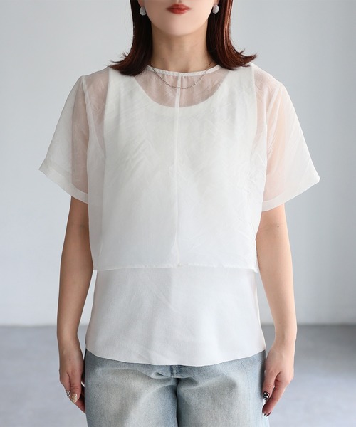 tシャツ ニットタンク＋オーガンジーTシャツセット レディース セール】ニットタンク＋オーガンジーTシャツセット（Tシャツ