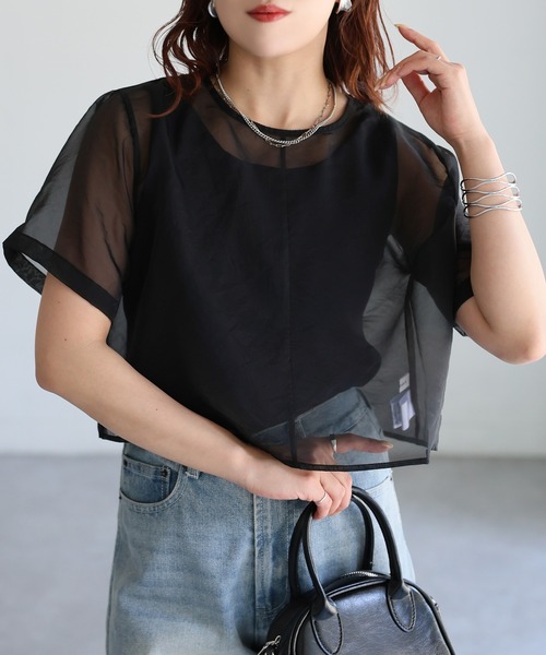 tシャツ ニットタンク＋オーガンジーTシャツセット レディース セール】ニットタンク＋オーガンジーTシャツセット（Tシャツ