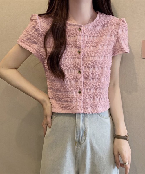 セール】ボタン前開き シャーリング トップス 半袖（Tシャツ