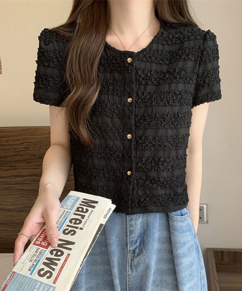セール】ボタン前開き シャーリング トップス 半袖（Tシャツ