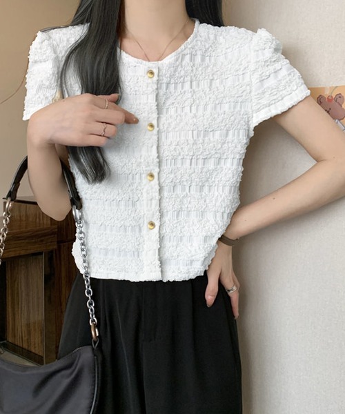 Merlette ホワイト シャーリング半袖トップス セール】ボタン前開き シャーリング トップス 半袖（Tシャツ