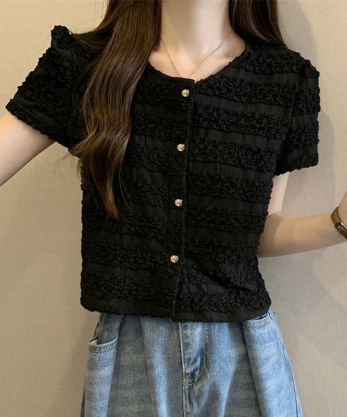 WESTSEA(ウエストシー)の「ボタン前開き シャーリング トップス 半袖(Tシャツ/カットソー・レディース・ブラック/アイボリー/ピンク・FREE)」の10枚目の写真