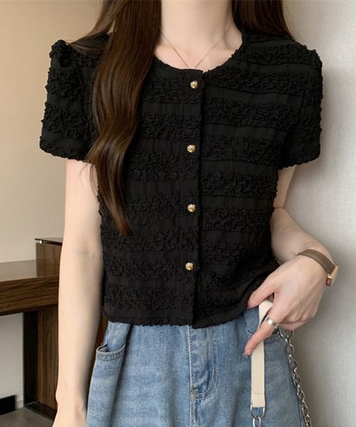 WESTSEA(ウエストシー)の「ボタン前開き シャーリング トップス 半袖(Tシャツ/カットソー・レディース・ブラック/アイボリー/ピンク・FREE)」の11枚目の写真