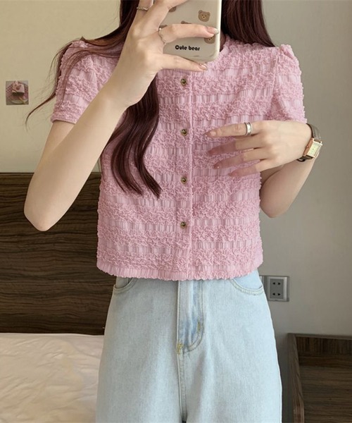 セール】ボタン前開き シャーリング トップス 半袖（Tシャツ